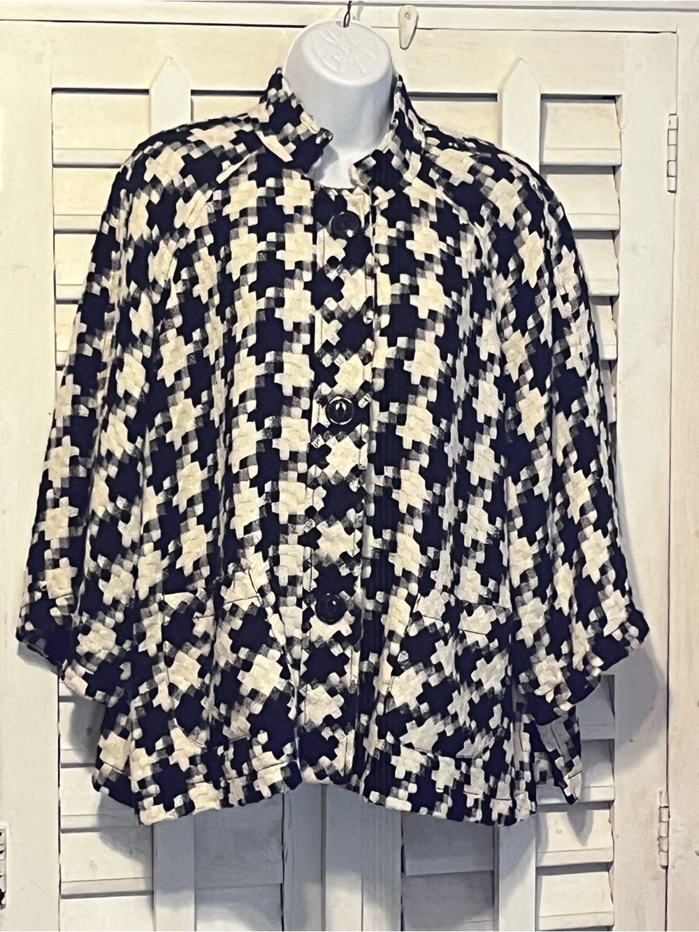 Coldwater Creek Houndstooth Cape Jacket – Black & Cream Poncho Coat Size PXL